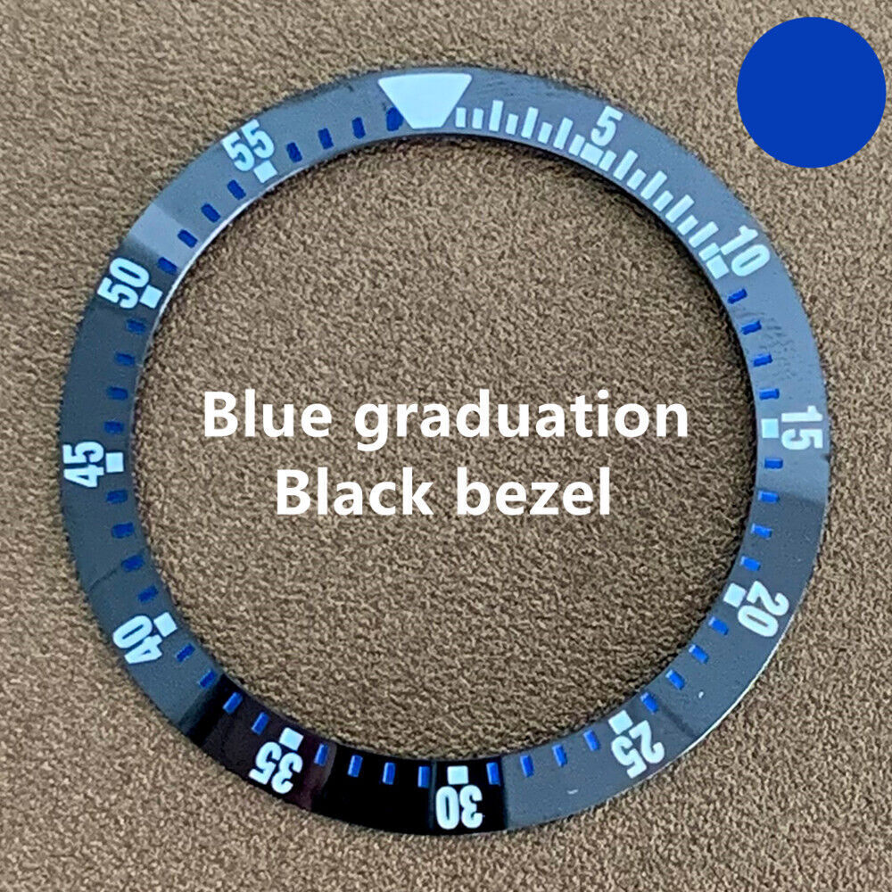 Black ceramic bezel insert with blue graduations, 38mm/30.5mm, ideal for watch repairs.