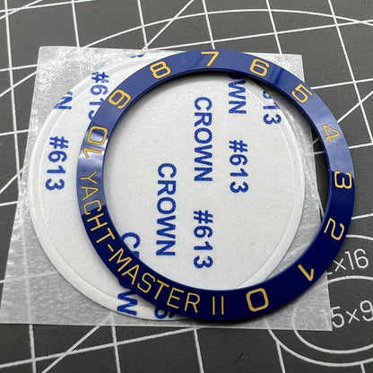 38mm blue ceramic bezel ring with golden font, designed for Yacht Master watch, premium accessory.