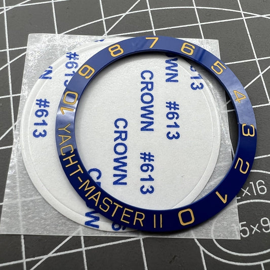 38mm blue ceramic bezel ring with golden font, designed for Yacht Master watch, premium accessory.