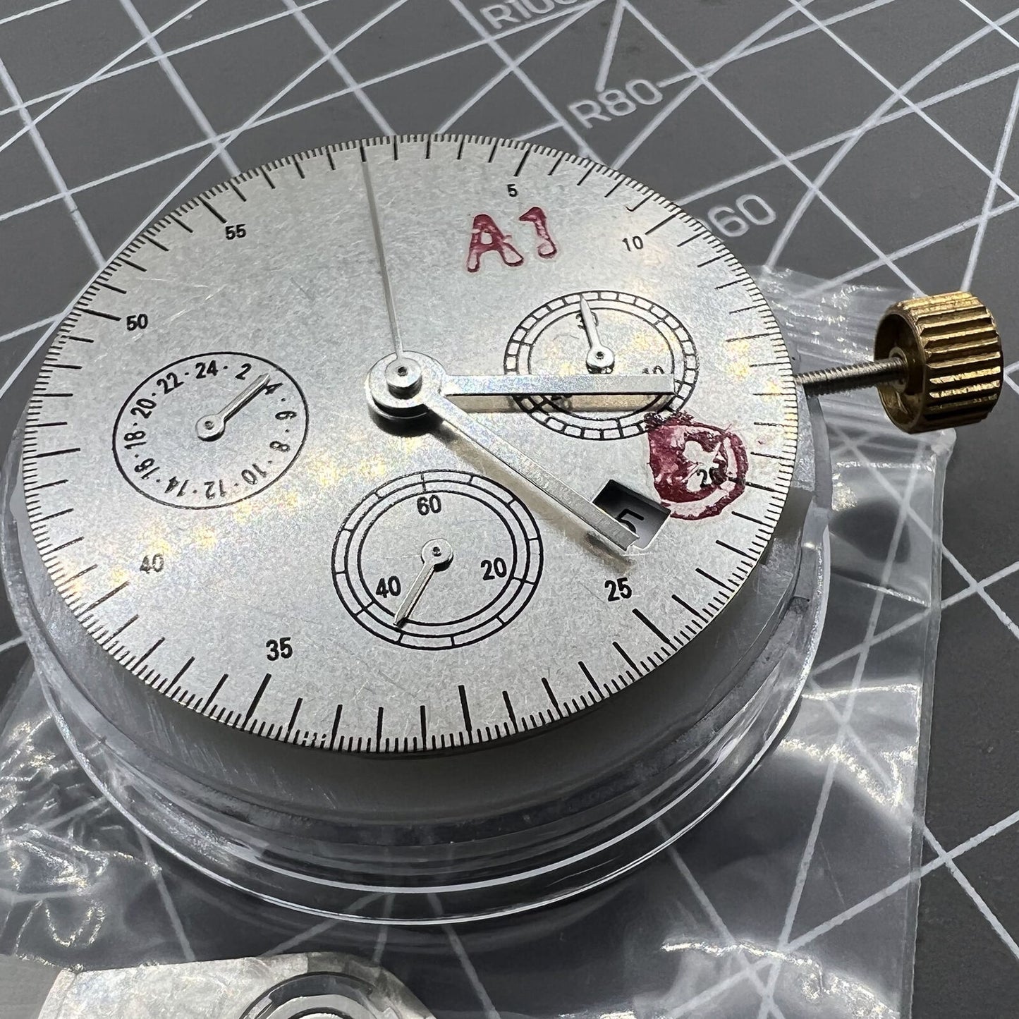 Automatic chronograph watch with ETA 7753 movement and small seconds at 6 o?clock.