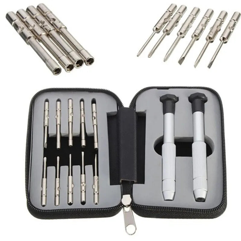 Precision screwdriver set for watch and eyeglass repair, includes hex tools and cutter heads with grip handle.