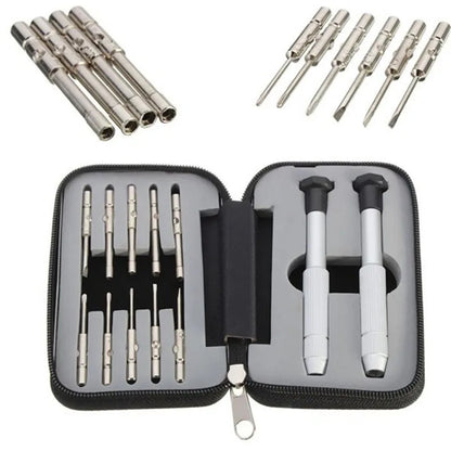 Precision screwdriver set for watch and eyeglass repair, includes hex tools and cutter heads with grip handle.