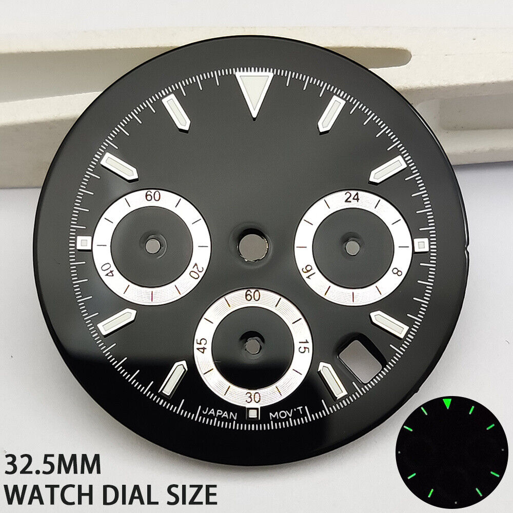 Green luminous matted black dial for VK63 quartz watch, perfect replacement part.