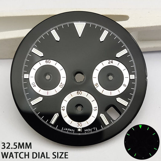 Green luminous matted black dial for VK63 quartz watch, perfect replacement part.
