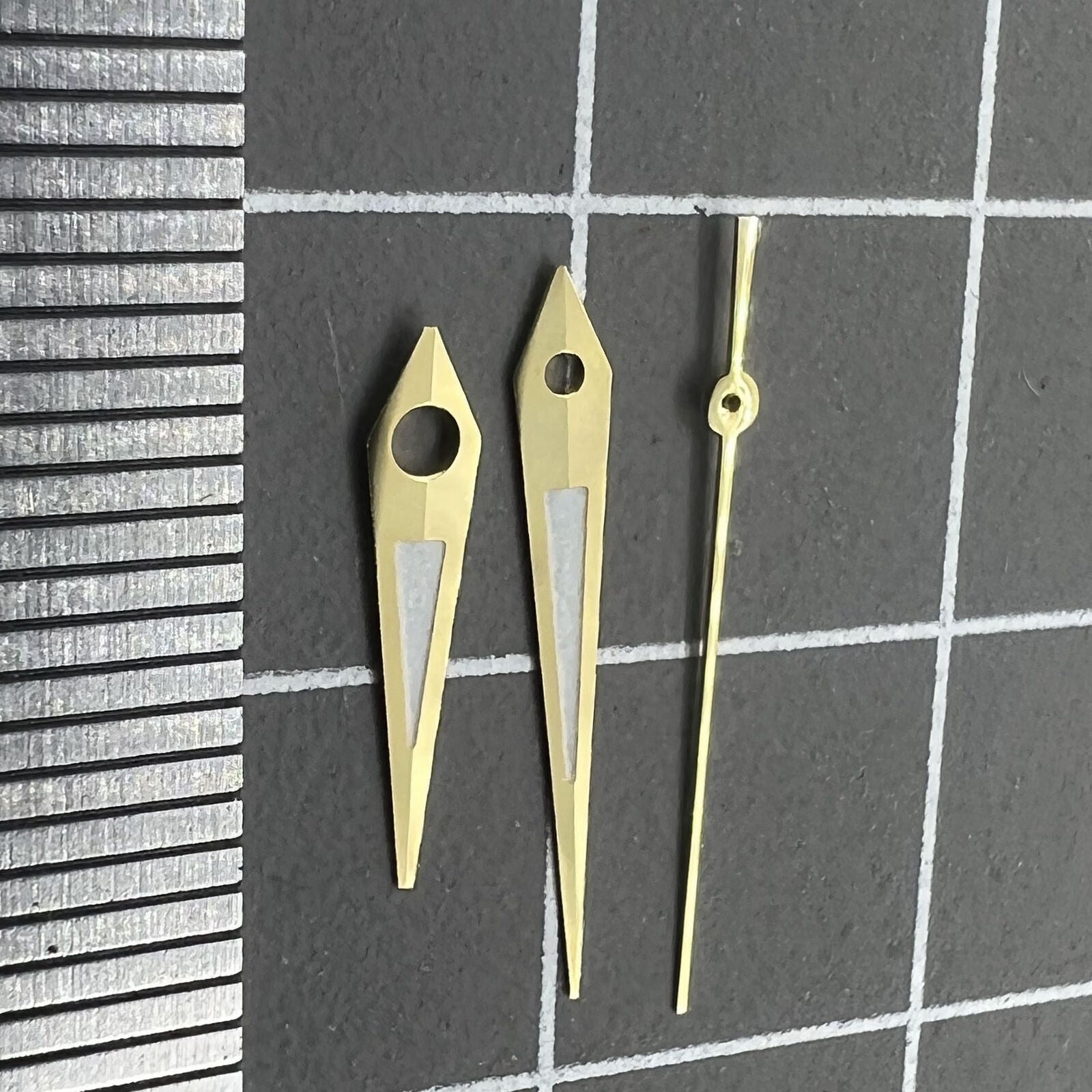 ArrowCraft golden arrow-shaped watch hands with lume, 14mm for Miyota NH35/NH36/NH38 movements.