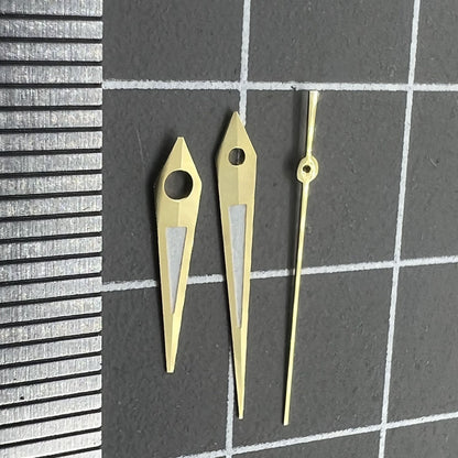 ArrowCraft golden arrow-shaped watch hands with lume, 14mm for Miyota NH35/NH36/NH38 movements.