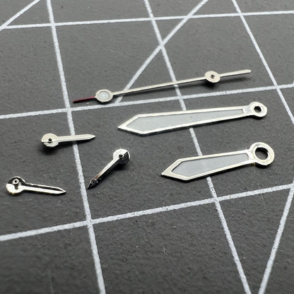 Arrow-shaped 13mm silver-trimmed green lume watch hands for VD53 VD54 VD57 movements, perfect for precise timekeeping.