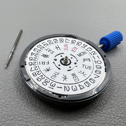 Seiki NH36 watch movement with white dial, featuring Japanese-English day display for precision timekeeping.