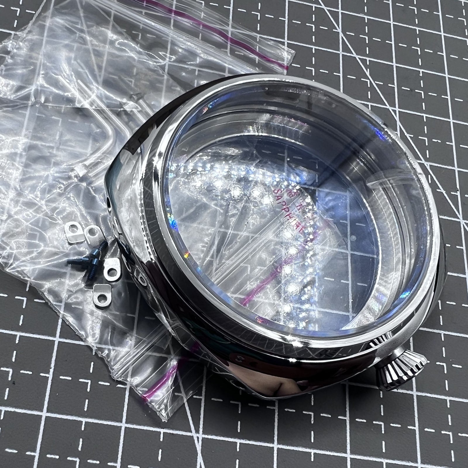 Uhrgeh�use 45mm aus kratzfestem Saphirglas und 16L Stahl, kompatibel mit ETA 6497/6498 Uhrwerken.