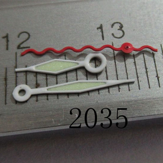 Waved red second hand with white lume for Miyota 2035 series watches, precise timing accessory.