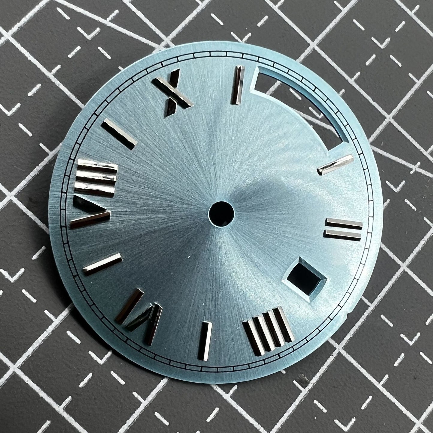 Silver nail-style watch dial 28.5mm with light blue accents, compatible with Seagull ST1644 movement.