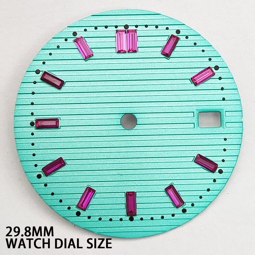Pink imitation gemstone accent on 29.8mm light green watch dial for NH35 movement.