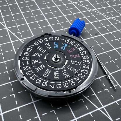 Seiko NH36A mechanisches Uhrwerk mit schwarzer Wochentaganzeige und Krone bei 3 Uhr - hochwertiges Uhrenzubeh�r.
