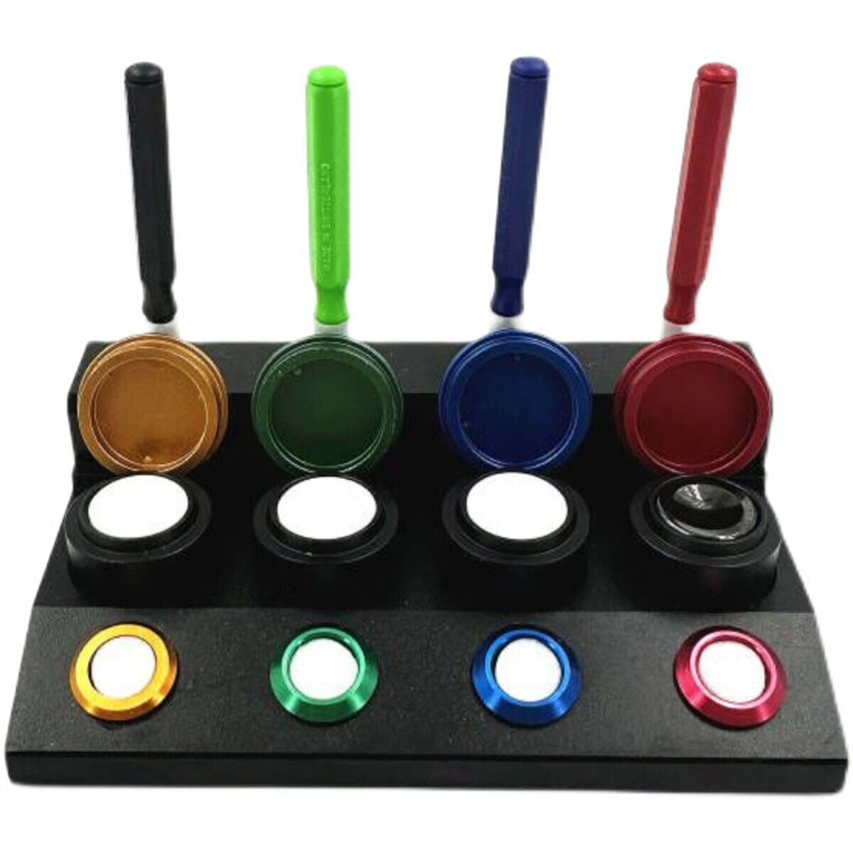 Die-cast alloy MSA17.000-04 oil cup stand with 4 containers for precise watch repair.