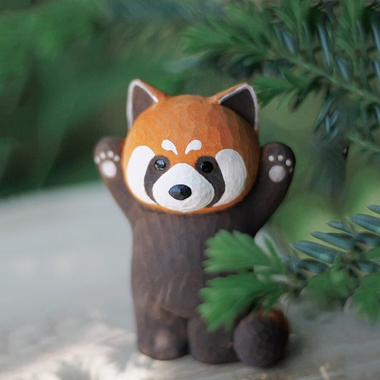 Handmade Little Panda wooden figurine, detailed collectible sculpture for watch accessory display.