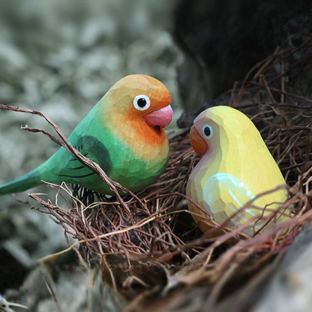 Handmade wooden Agapornis Fischeri figurine in green and yellow, perfect decorative watch accessory.