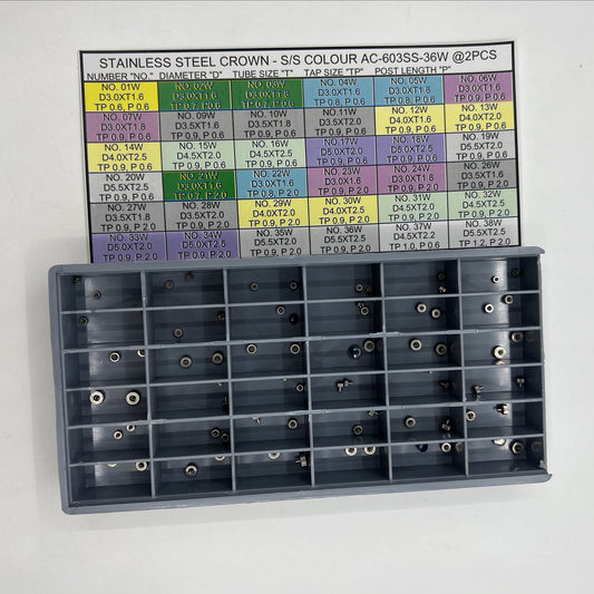 Stainless steel watch crown assortment kit with 72 pieces in 36 sizes, ideal for watch repair.