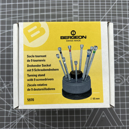 Bergeon 5970 Swiss Made rotating tool with 9 precision screwdrivers for watch repairs.