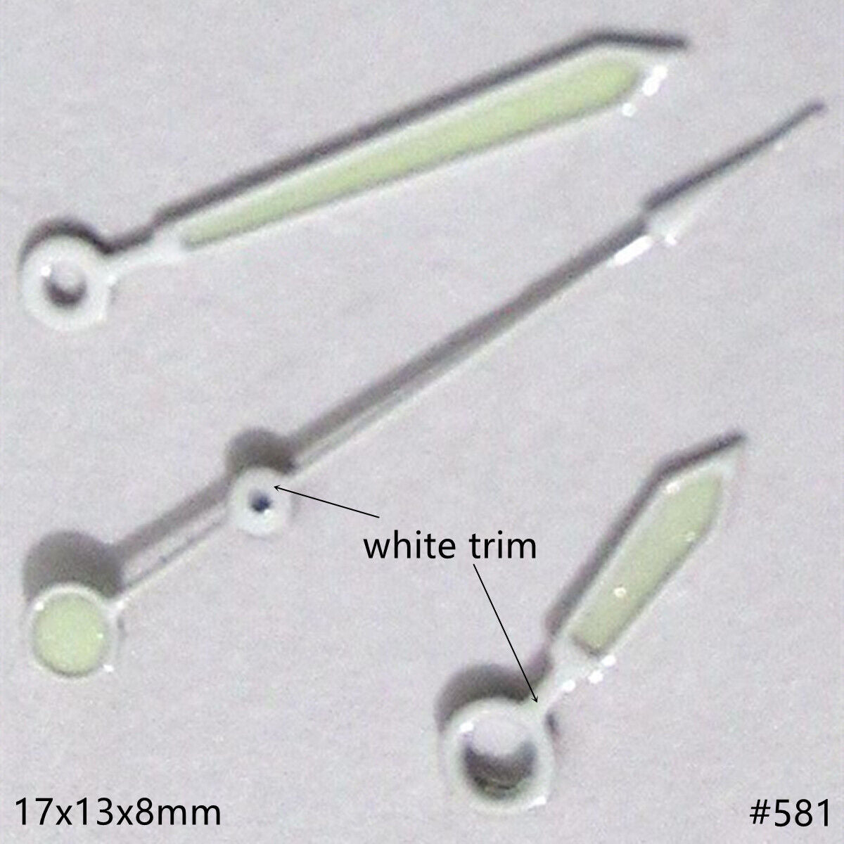 17mm watch hands set with green lume and white trim for Miyota 2035 movement.
