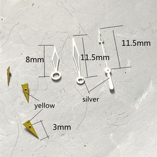 Diamond-shaped 11.5mm silver trim watch hands for Miyota OS series with precise time-telling design.