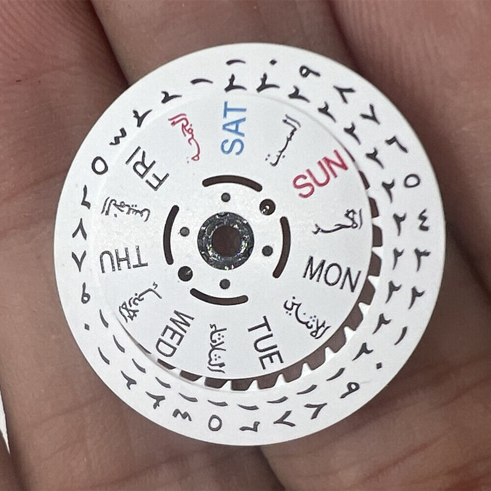White Arabic and English font date and week disk wheels for NH36 3/3.8 movement, enhancing watch functionality.