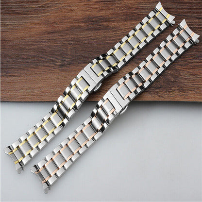 Curved end steel watch band 12-24mm with butterfly clasp, durable strap for elegant watches.