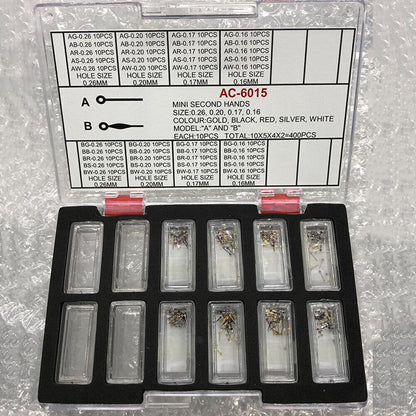 Mini second hands for watches, 0.16-0.26mm hole, multicolor, 2 models, 400pcs