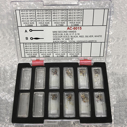 Mini second hands for watches, 0.16-0.26mm hole, multicolor, 2 models, 400pcs
