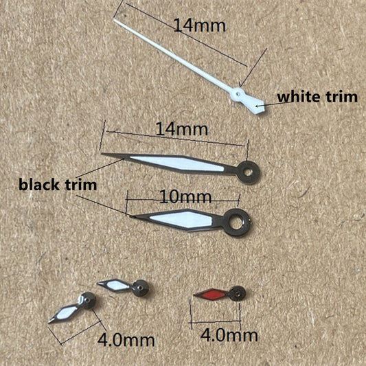 14mm green luminous watch hands with white and black trim for PE70 movement, enhancing readability and style.