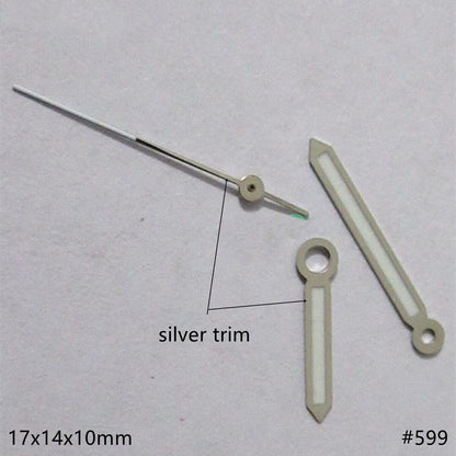 Silver trim 17mm green luminous watch hands for Miyota 2035 2115 2105 2305 movements, precise timekeeping.
