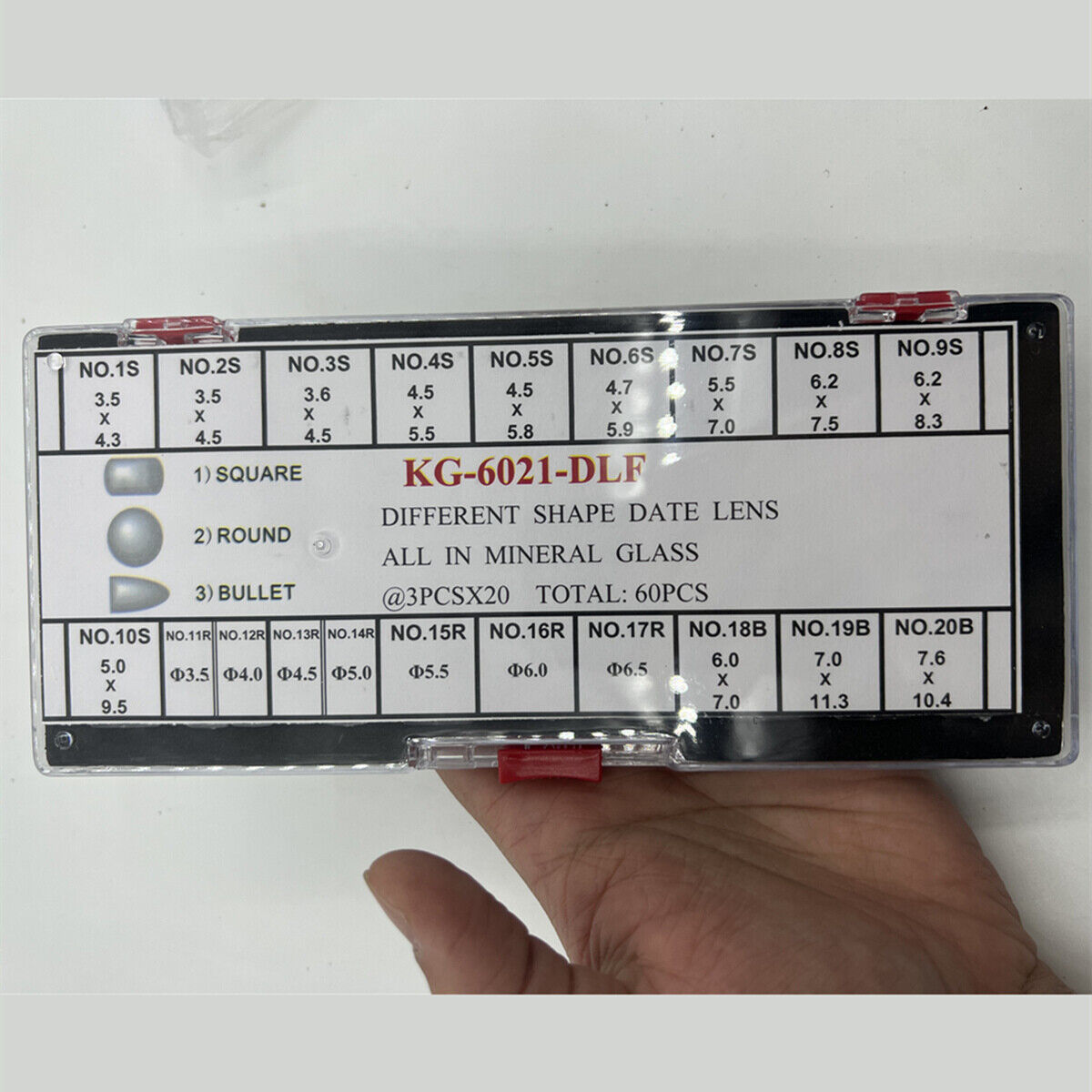 Different shape date lens for watches, mineral glass, 3 sizes, 60 pieces per box by KG-6021-DLF.