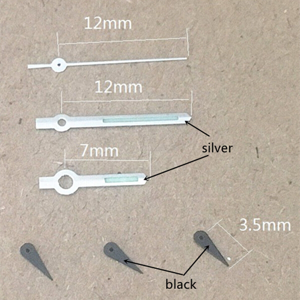 Silver trim 12mm green luminous watch hands for Miyota OS series, enhancing visibility and style.