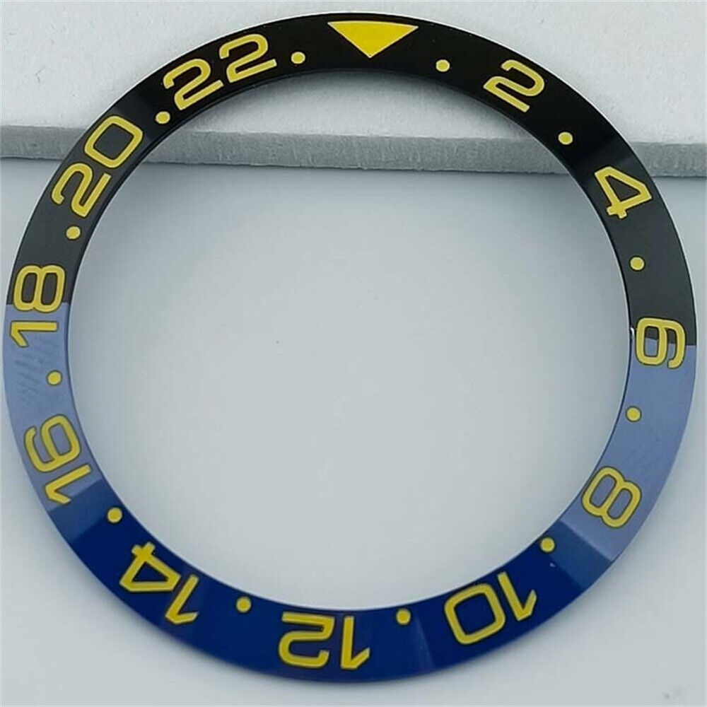 Blue and black 38mm ceramic GMT bezel ring with yellow font for SUB watches.