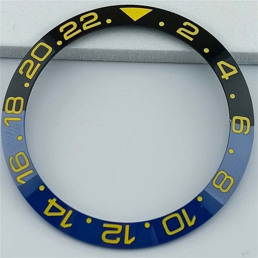 Blue and black 38mm ceramic GMT bezel ring with yellow font for SUB watches.