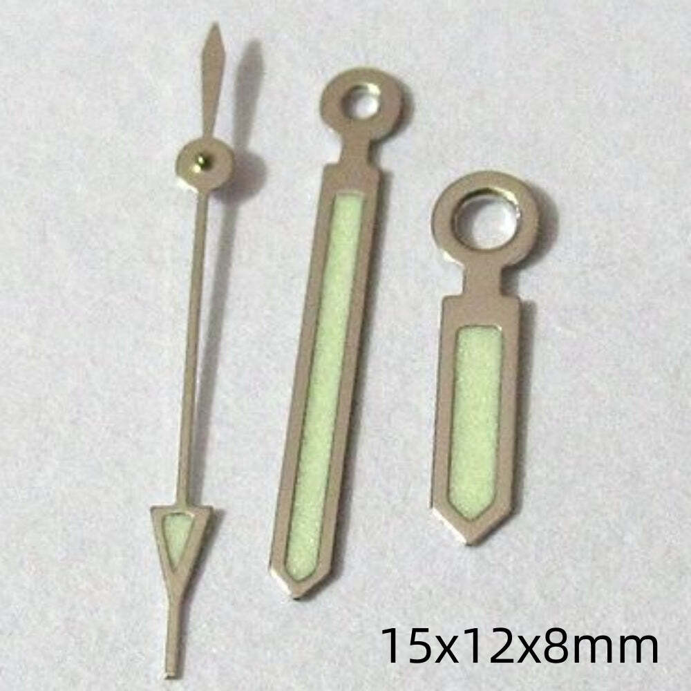 Set of 2 silver-trimmed green lume watch hands for Miyota 2035, 2115, 2105, 2305 movements.