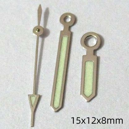 Set of 2 silver-trimmed green lume watch hands for Miyota 2035, 2115, 2105, 2305 movements.