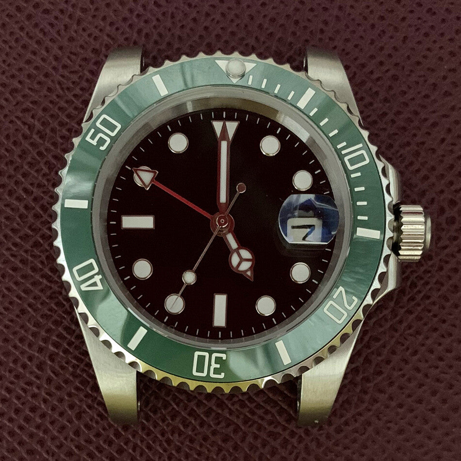 Boîtier de montre GMT 40 mm en acier inoxydable 3804 316L, verre saphir, aiguilles lumineuses