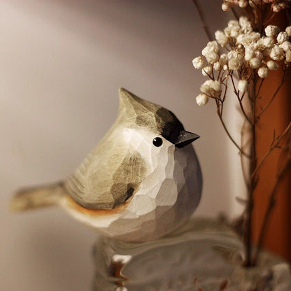 Handmade grey tit bird figurine carved from wood, decorative collectible for home display
