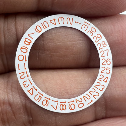 Orange date disk wheel for Miyota NH35 NH36 watch movement, date displayed at 3 o'clock, white background.