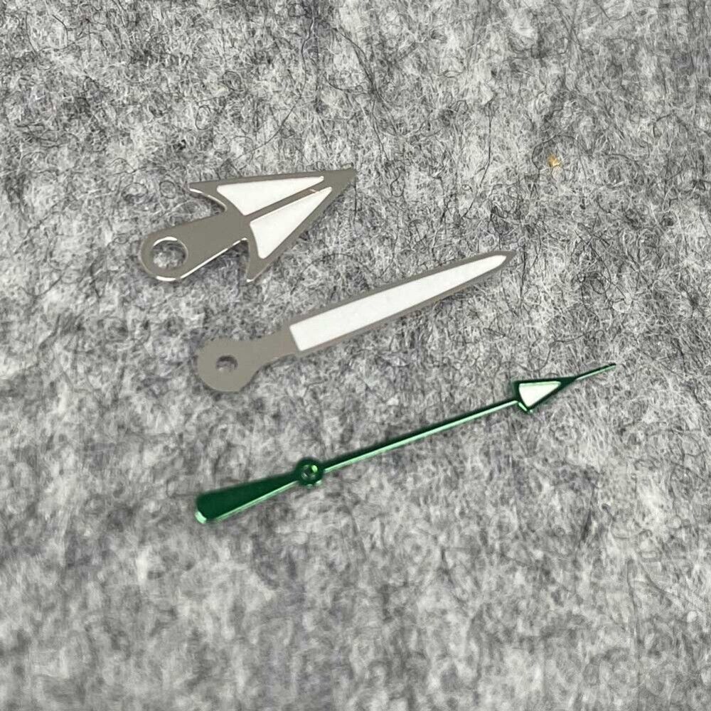 Black, silver, and golden trim green luminous watch hands for NH35/NH36 movement, enhancing readability and style.