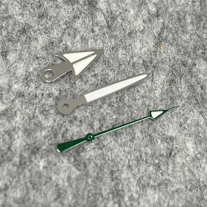 Black, silver, and golden trim green luminous watch hands for NH35/NH36 movement, enhancing readability and style.