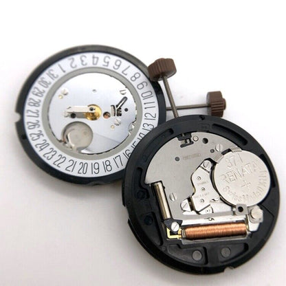 Ronda 515 quartz watch movement with date display at 3 o?clock, precise timekeeping component.
