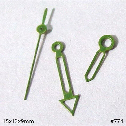 15mm Hollow green-trimmed watch hands set for Miyota 2035 with precise timekeeping