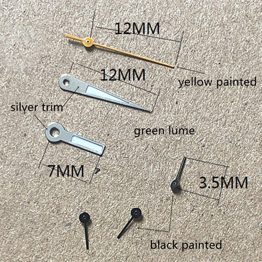 Aiguille de montre luminescente 12 mm, peinte en jaune et noir, avec garniture argentée, pour Epson VD53, VD54, VD57