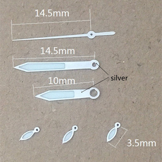 Arrow-shaped 14.5mm green luminous watch hands by Arrow for Miyota OS10 OS20 OS60 OS80 models.