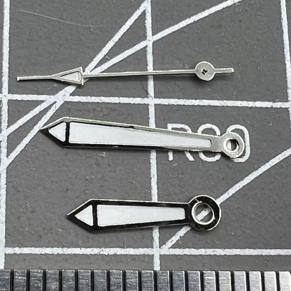 Green lume 13mm watch hands with silver trim for Miyota movements, precise timekeeping parts.