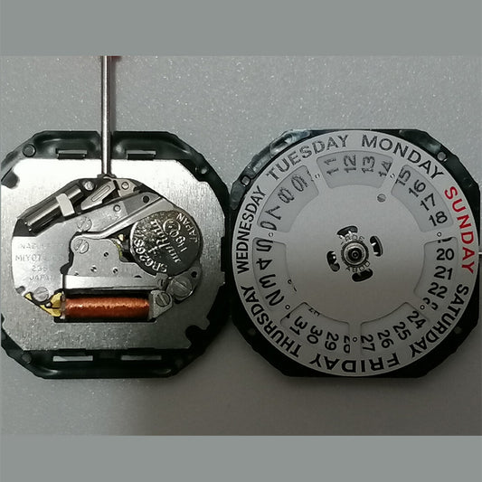 Quartz watch movement Miyota 2350, 3 hands with day-date feature, ideal for precise watch repairs.