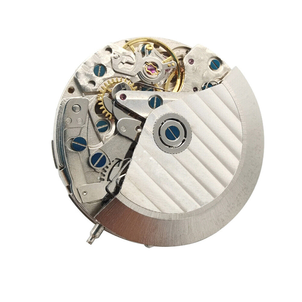 Asian 7750 automatic chronograph movement with white calendar at 4:30 and seconds subdial at 9, inspired by ETA 7750 caliber.