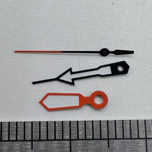 Orange and blue trimmed watch hands with white paint for Miyota 2315, 2035, 2036, 2115, 2305 models.