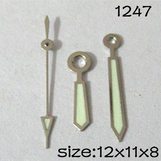 Luminous watch hands set by #1247 for Miyota 2115, sizes 12mm/11mm/8mm, ideal for precise time visibility